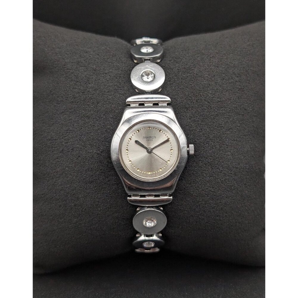 Vintage Swatch Silver Quartz Ladies Watch, Crystal-Link Bracelet, 90s Minimalist